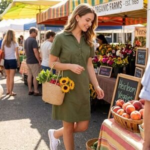 Yerse Short Sleeve‎ Henley Shirt Dress Speckled Olive Green XS